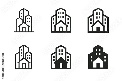 Modern Urban Logos. Mixed-use neighborhoods. Icon set. Set Logo of mixed-use neighborhoods: modern city block merging living and workspace symbols. harmonious