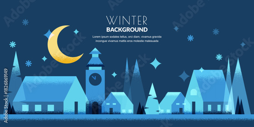 Vector illustration of snow-covered houses, fir trees, tower. Winter moon night, Christmas, New Year background