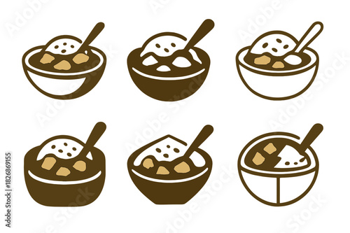Chicken Curry Icons. Cooking a chicken curry with a side of basmati rice. Icon set. Set Logo of cooking a chicken curry with a side of basmati rice: bowl of
