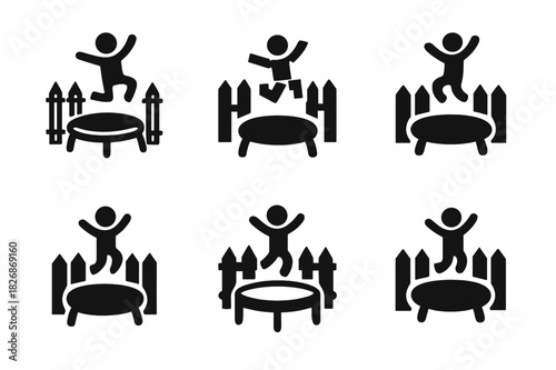 Trampoline Logo Set. Jumping on a trampoline in a backyard. Icon set. Set Logo of outdoor fun: backyard fence and trampoline. harmonious logo variations of the