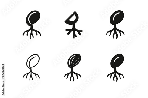 Seed Growth Icons. How seeds germinate. Icon set. Set Logo of How seeds germinate: radicle branching into roots. harmonious logo variations of the same