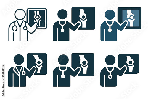 X-ray Logo Variations. Doctor explaining X-ray results. Icon set. Set Logo of Doctor explaining X-ray results: orthopedic knee X-ray with highlighted joint.