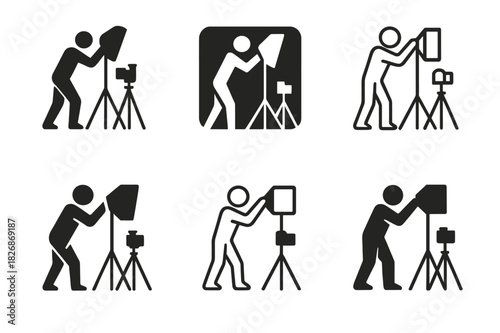 Artists Studio Logos. Artists at work in their studios. Icon set. Set Logo of Artists at work in their studios: photographer adjusting studio light and tripod.