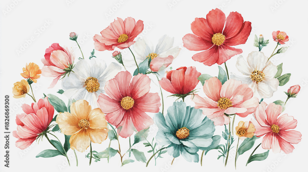 Fototapeta premium Elegant wedding invitation card background . Minimal hand painted watercolor Cosmos flowers texture template background. Design for wedding, vip cover, poster, rsvp moderncard.Valentine's Day