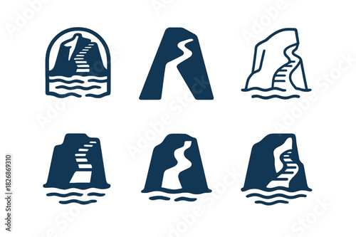 Coastal Cliff Logos. Coastal cliffs and rugged shorelines. Icon set. Set Logo of Coastal cliffs and rugged shorelines: cliffside staircase. harmonious logo