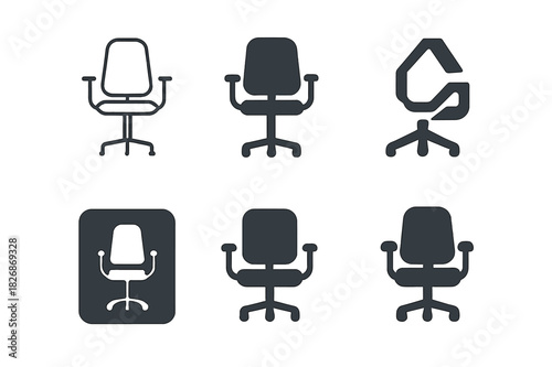 Remote Work Icon Set. Remote work setups and home office environments. Icon set. Set Logo of Remote work setups and home office environments: ergonomic chair.