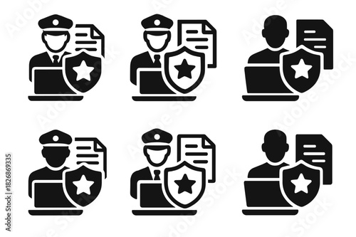 Legal Documentation Icons. Law enforcement agents handling legal documentation and investigations. Icon set. Set Logo of Law enforcement agents handling legal
