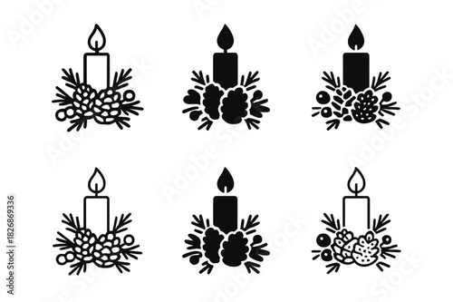 Candle Centerpiece Logos. Candle centerpiece. Icon set. Set Logo of Candle centerpiece: holiday pinecone and berry arrangement with candle. harmonious logo