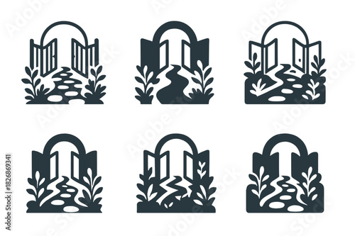 Garden Pathway Icons. Decorative stone paths through a garden with plants on both sides. Icon set. Set Logo of Decorative stone paths through a garden with