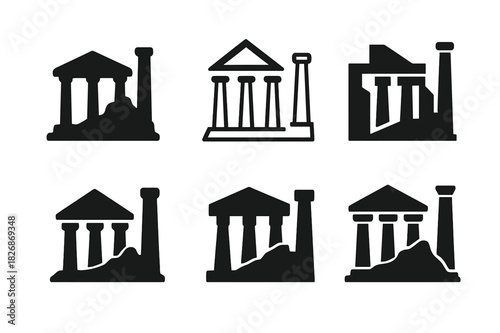 Pompeii Icon Set. Famous archeological discoveries and their significance. Icon set. Set Logo of Pompeii ruins: preserved Roman buildings and