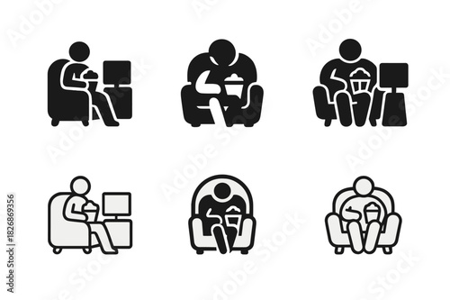 TV Relaxation Icons. Watching Your Favorite TV Show or Movie with Popcorn. Icon set. Set Logo of relaxation time: person sitting with popcorn watching TV.