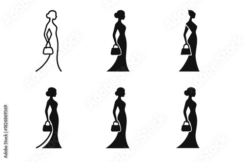 Elegant Fashion Icons. Fashion & Luxury. Icon set. Set Logo of fashion elegance: model silhouette with handbag. harmonious logo variations of the