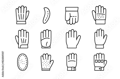 Leather Gloves Icons. Classic Leather Gloves. Line icon set of Classic Leather Gloves: pair of gloves, stitching detail, cuff, finger lines, palm texture,