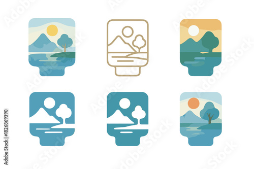 Watercolor Logo Variations. Watercolor Landscape Painting. Icon set. Set Logo of Watercolor Landscape Painting: watercolor pan set. harmonious logo variations