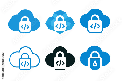 Secure Coding Logos. Secure software development and coding practices. Icon set. Set Logo of secure software development and coding practices: shield with code