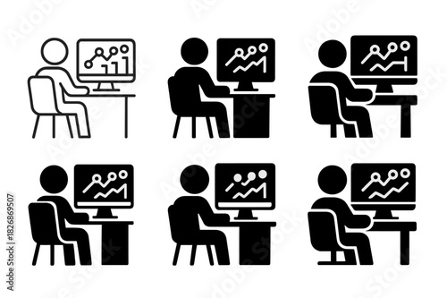 Digital Marketing Logo Grid. A digital marketing expert analyzing social media performance on a computer. Icon set. Set Logo of a digital marketing expert