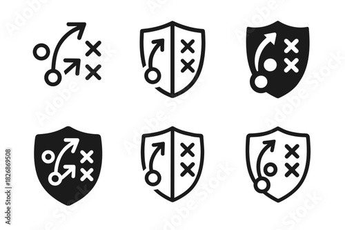 Football Strategy Icons. Offense vs Defense. Icon set. Set Logo of Offense vs Defense: football playbook. harmonious logo variations of the same emblematic