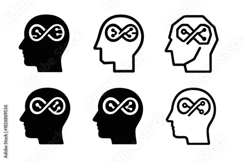 Creative Neuroscience Logos. Neuroscience of creativity. Icon set. Set Logo of creative neuroscience: head with infinity-shaped neural circuit. harmonious logo