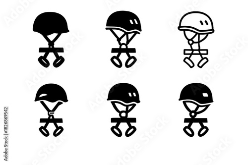 Adventure Parks Logos. Outdoor adventure parks and zip-lining. Icon set. Set Logo of outdoor adventure parks and zip-lining: helmet and harness silhouette