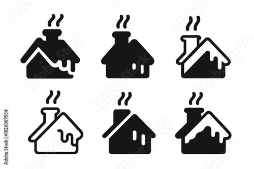Melting Snow Logos. Melting snow off roof. Icon set. Set Logo of Melting snow off roof: chimney warmth melting snow pattern. harmonious logo variations of the