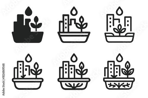 Rooftop Garden Icons. Rooftop garden designs in big cities. Icon set. Set Logo of Rooftop garden designs in big cities: drip irrigation line. harmonious logo