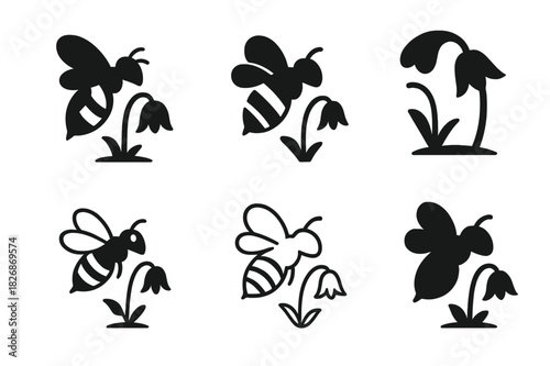 Biodiversity Loss Icons. biodiversity loss. Icon set. Set Logo of biodiversity loss: bee and wilting flower separation. harmonious logo variations of the same