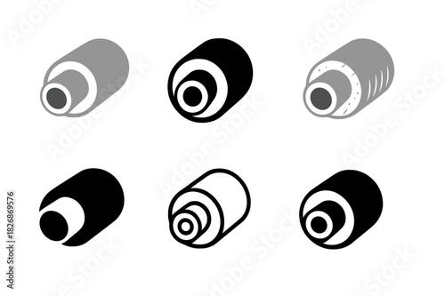 Pipe Insulation Icons. Pipe Insulation Materials. Icon set. Set Logo of energy-safe system: layered insulation around metal pipe. harmonious logo variations of