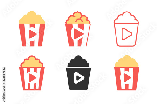 Popcorn Movie Icons. Watching Your Favorite TV Show or Movie with Popcorn. Icon set. Set Logo of cinematic joy: popcorn bucket and play button. harmonious logo