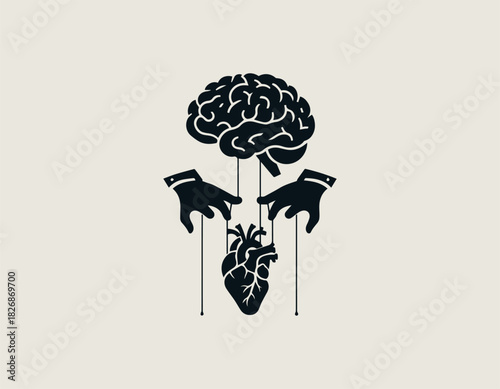 Black Vector Illustration of hands controlling the brain and heart as a puppet.