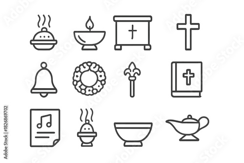 Ceremonial Icon Set. Ceremonial items. Line icon set of ceremonial items: incense burner, candle, altar, cross, bell, flower garland, ceremonial staff, sacred