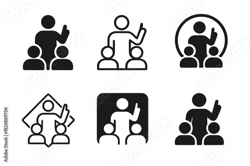 Active Learning Icons. Active learning. Icon set. Set Logo of active learning: teacher interacting with students. harmonious logo variations of the same