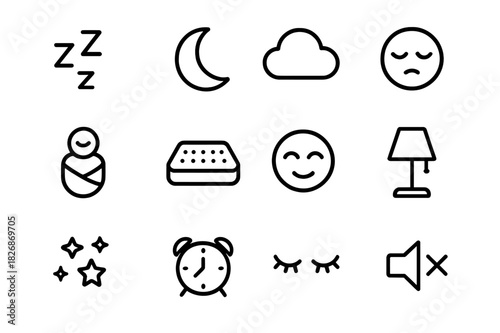 Sleep Icon Set. Sleep symbols. Line icon set of sleep symbols: zzz letters, crescent moon, night cloud, sleeping face, blanket wrap, soft mattress, calm icon,