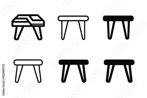 Woodworking Icons Collection. Woodworking projects for home decor. Icon set. Set Logo of Woodworking projects for home decor: coffee table with hairpin legs.