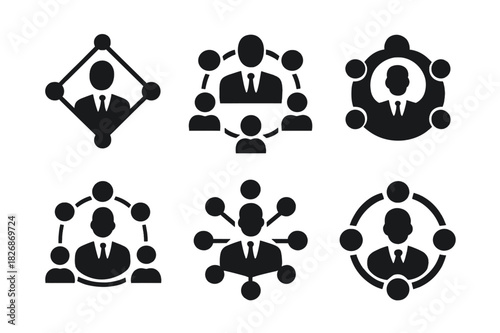 Emotional Intelligence Logos. Emotional intelligence leadership. Icon set. Set Logo of Emotional intelligence leadership: leader at center with team orbit