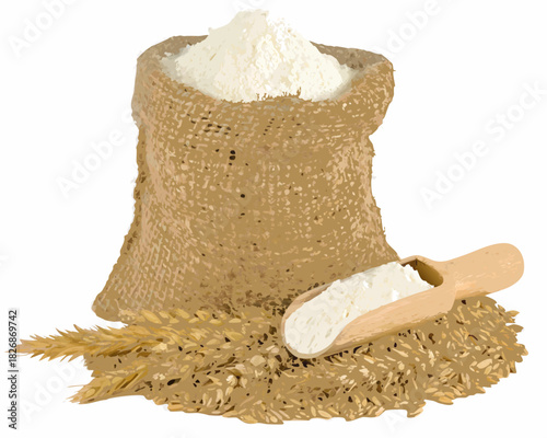 Bag of flour with wheat grains and wooden scoop