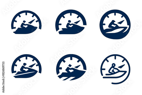 Jet Ski Logos. Jet skiing. Icon set. Set Logo of Jet skiing: speedometer with jet ski needle. harmonious logo variations of the same emblematic concept, each