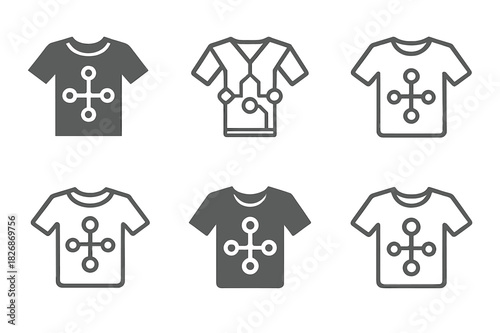Smart Clothing Icons. Fashion and Technology (Wearable Tech, Smart Clothing). Icon set. Set Logo of intelligent design: shirt icon with embedded sensors.