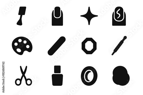 Nail Art Icons. Nail art. Solid icon set of nail art: nail polish brush, hand, sparkle, design pattern, palette, nail file, rhinestone, dotting tool, scissors,
