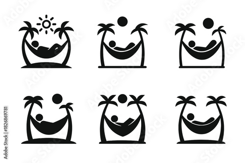 Hammock Logo Variations. Setting up a hammock. Icon set. Set Logo of setting up a hammock: person lying in a hammock under sun. harmonious logo variations of