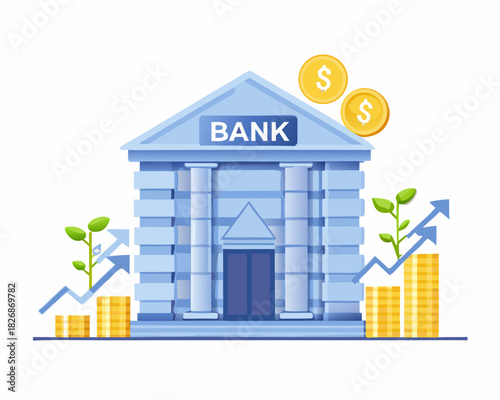 Bank building with growing plants coins and upward trending graph