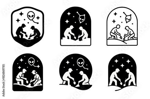 Alien Life Logo Set. The Search for Ancient Extraterrestrial Life. Icon set. Set Logo of starlit excavation: researchers under alien constellations. harmonious