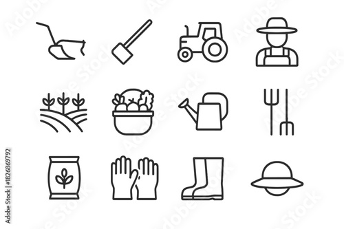 Rural Worker Icons. Rural Workers. Line icon set of Rural Workers: plow, hoe, tractor, farmer with hat, crop field, basket of produce, watering can, pitchfork,
