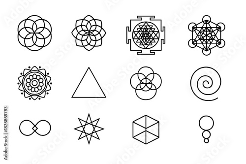 Sacred Geometry Icons. Sacred geometry. Line icon set of sacred geometry: flower of life, seed of life, sri yantra, metatron cube, mandala, triangle, circle