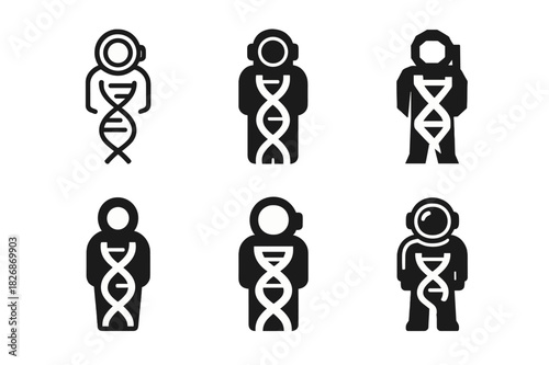 Bio-Adapted Astronaut Emblems. Genetic Engineering for Space Colonization. Icon set. Set Logo of bio-adapted astronaut: DNA helix integrated with human figure