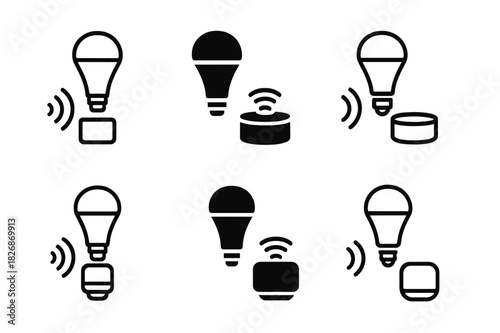 Smart Bulb Icons. Setting up smart bulbs. Icon set. Set Logo of smart lighting: voice assistant and bulb. harmonious logo variations of the same emblematic