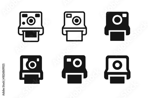 Vintage Electronics Logos. Decorating with vintage electronics. Icon set. Set Logo of Decorating with vintage electronics: instant camera ejecting a photo.