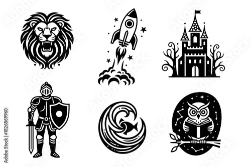 Collection of six distinct black and white vector icons represen