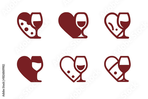 Elegant Wine & Cheese Icons. Arranging a Wine and Cheese Evening with Friends. Icon set. Set Logo of elegant party: wine glass and cheese fused with heart