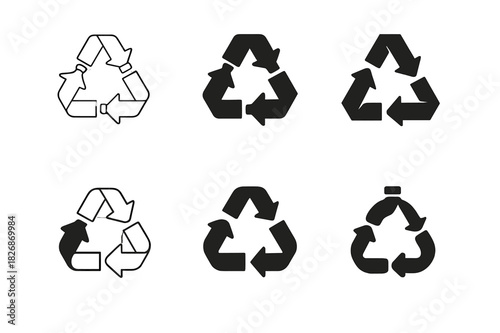 Plastic Recycling Icons. Plastic recycling and upcycling innovations. Icon set. Set Logo of Plastic recycling and upcycling innovations: circular arrows formed
