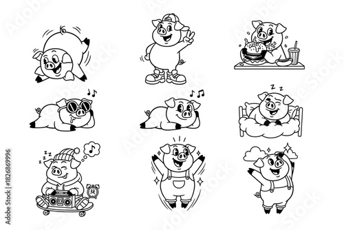 Set of Cute Cartoon Pig Illustrations in Various Poses and Activ